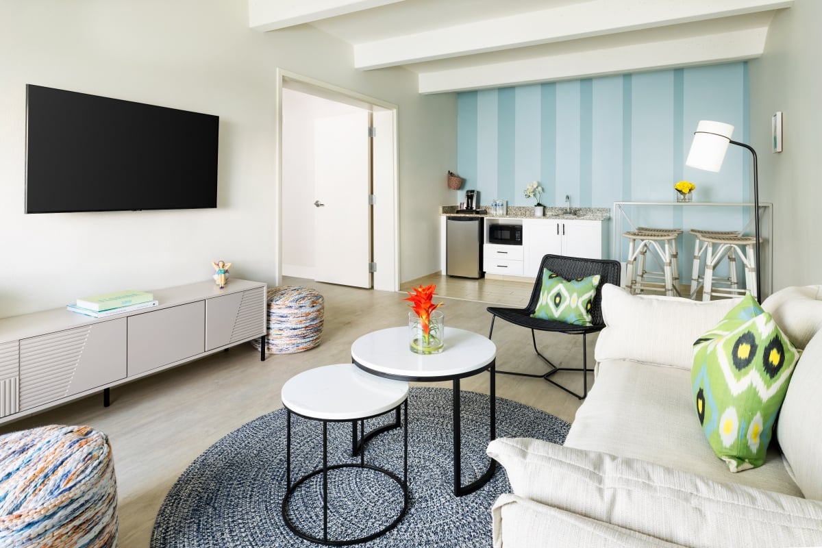Ocean View One Bedroom Suite living room at Blue Flamingo Resort Key West