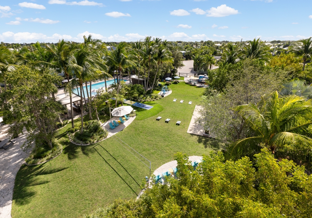 Aerial view of backyard campus at Blue Flamingo