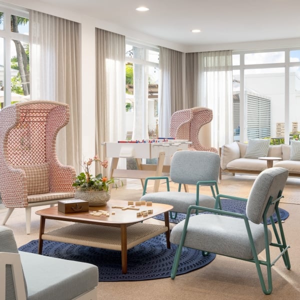 Interior shot of Blue Flamingo lobby