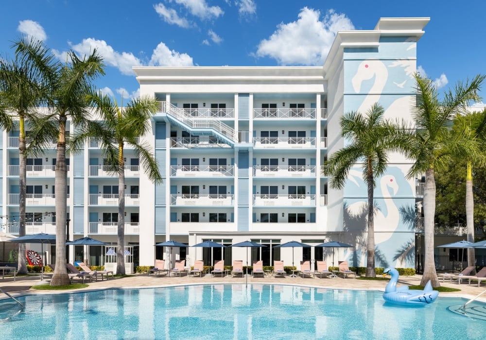 Exterior shot of Blue Flamingo pool with inflatable swan