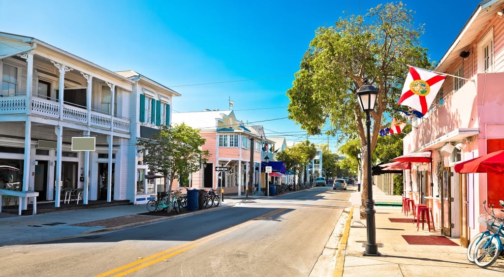 Duval Street in downtown Key West near Blue Flamingo Resort, featuring shops, nightlife, and local attractions.