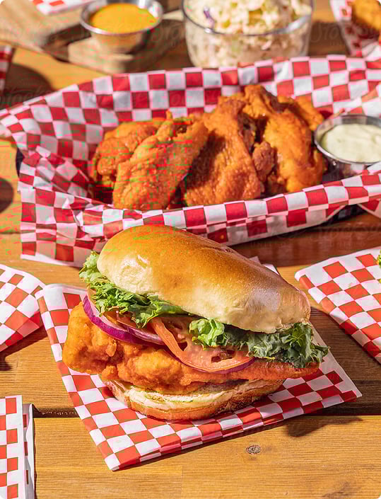 Fried chicken sandwich and buffalo wings