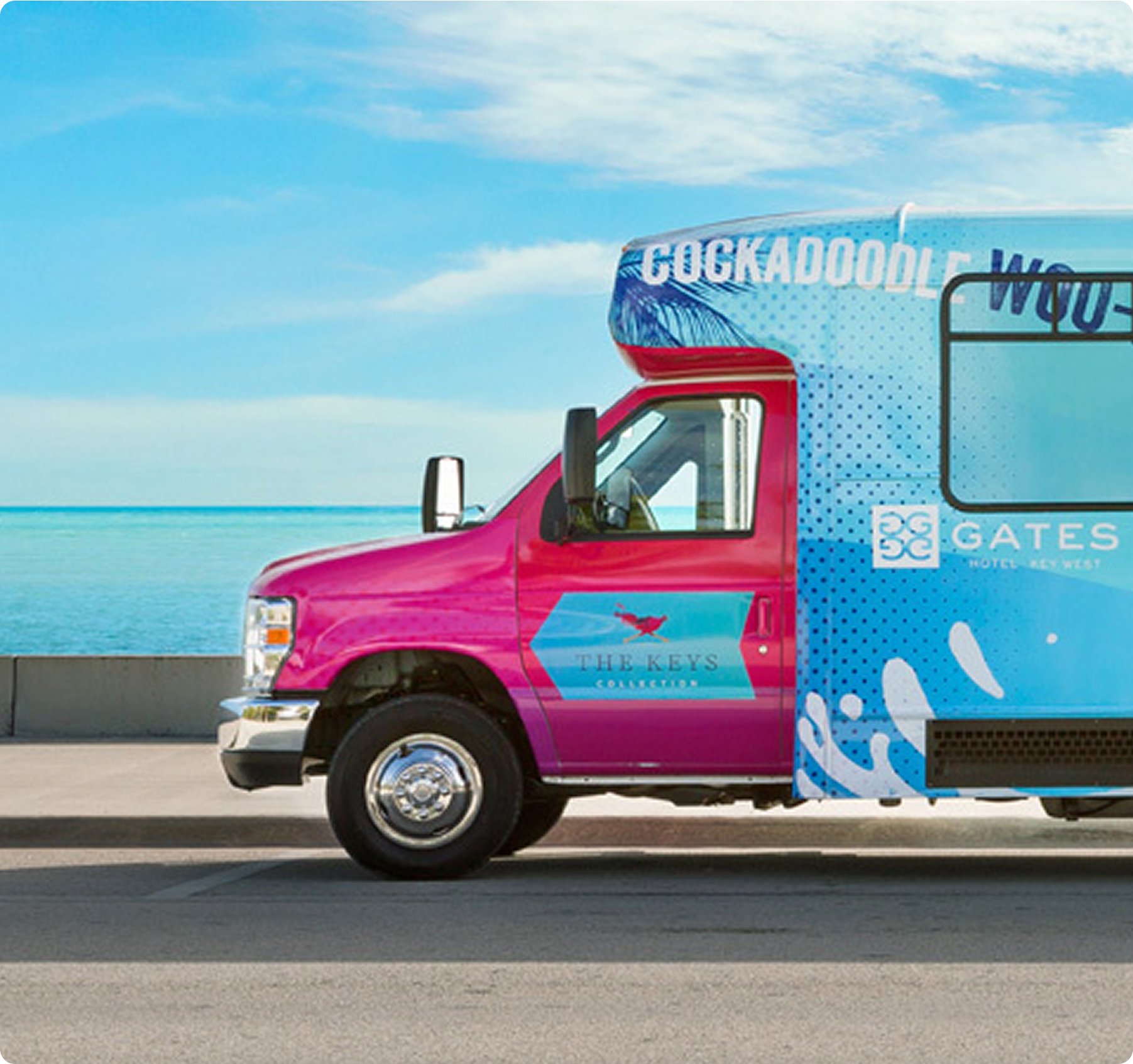 A shuttle bus painted pink and blue cruises along an oceanside highway