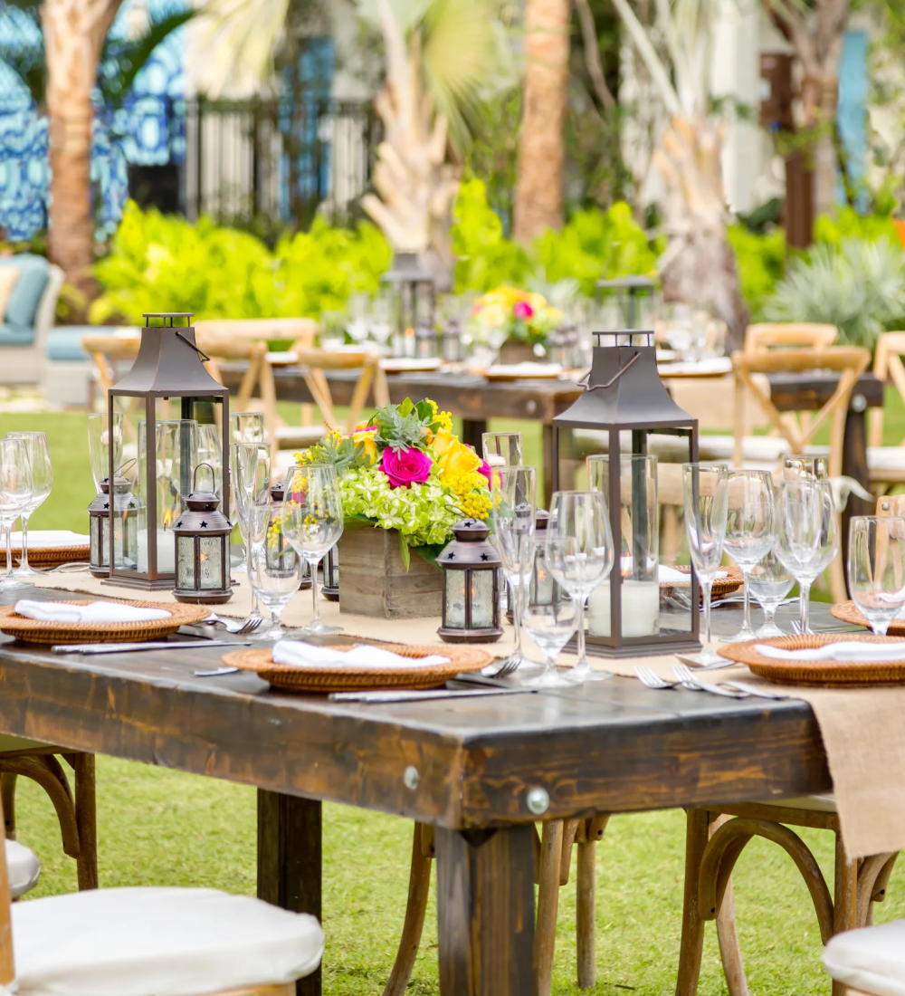 Outdoor dining area with lanterns