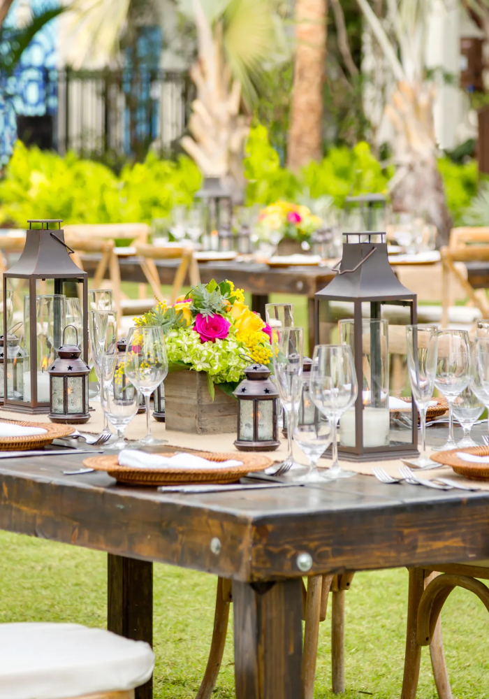 Outdoor dining area with lanterns