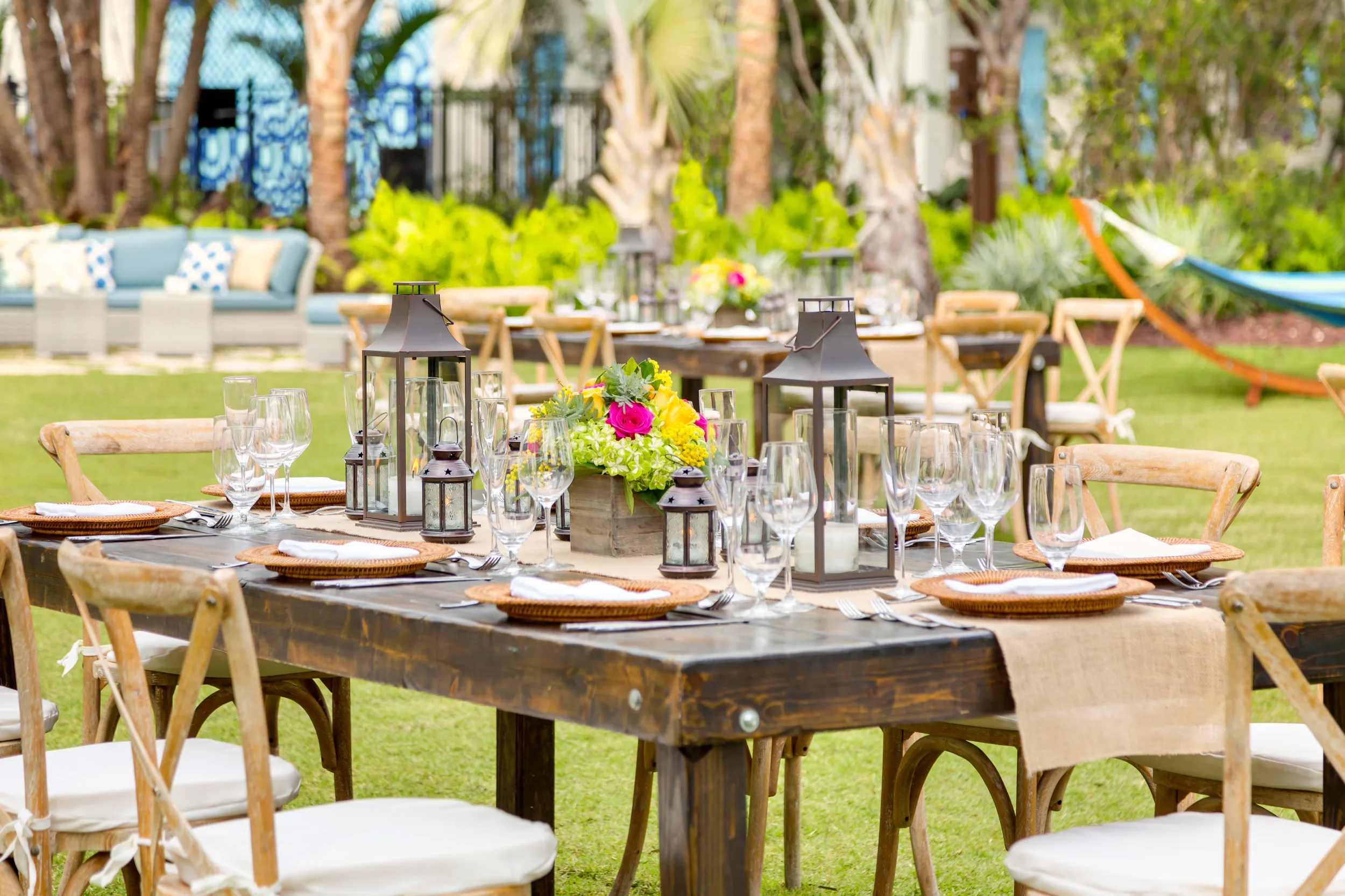 Outdoor dining area with lanterns