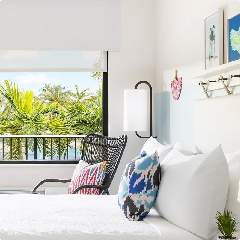 Ocean view studio suite bed at Blue Flamingo Resort Key West