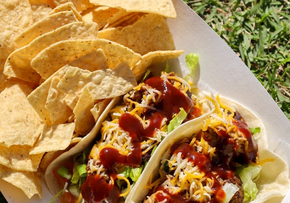 Two tacos and chips