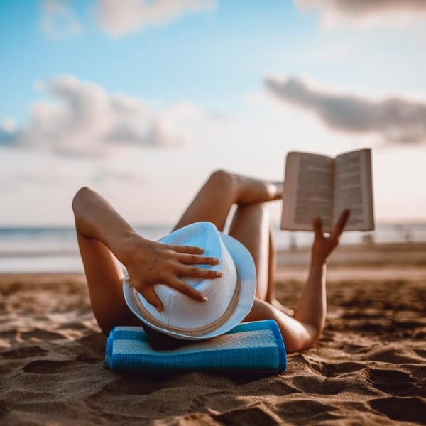 Woman reading book on beach