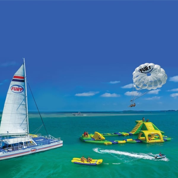 Fury inflatable water course setup on the ocean at Blue Flamingo