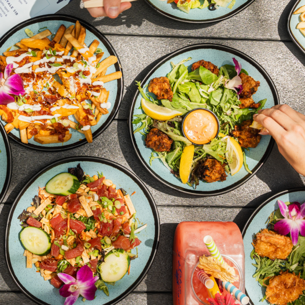 Assorted tropical dishes, salads, burgers, and cocktails served poolside at Blue Flamingo Resort Key West.