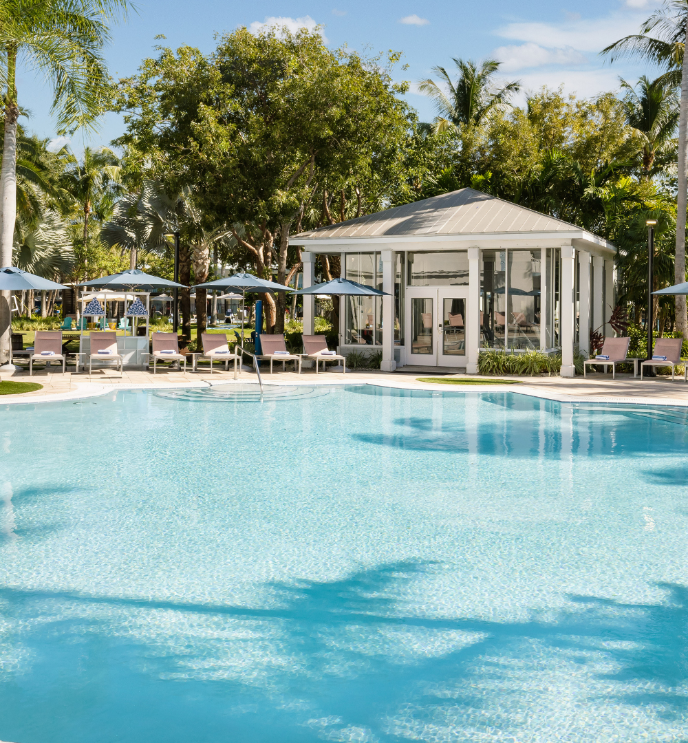Resort-style swimming pool surrounded by palm trees and lounge chairs at Blue Flamingo Resort Key West.
