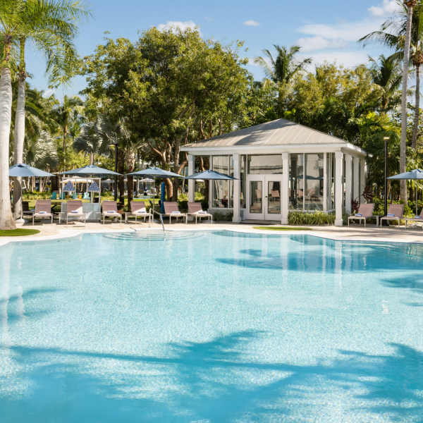 Tropical swimming pool and palm trees at Blue Flamingo Resort Key West during a Thanksgiving getaway