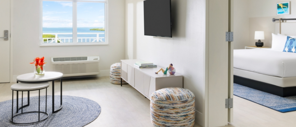 Spacious ocean-view one-bedroom suite with separate living area at Blue Flamingo Resort Key West