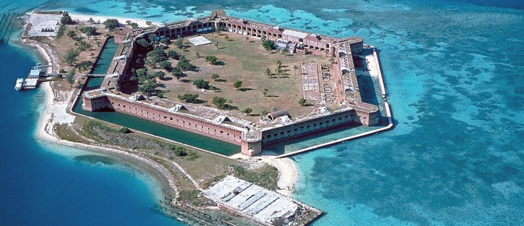 Aerial view of Fort Jefferson surrounded by turquoise water at Dry Tortugas National Park near Key West