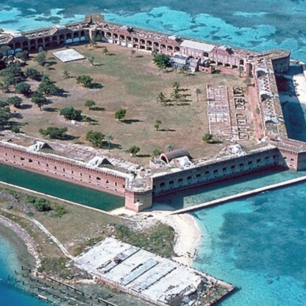 Aerial view of Fort Jefferson surrounded by turquoise water at Dry Tortugas National Park near Key West
